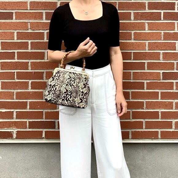 Handmade Real hair-on-horsehide Black Lace Printed Metal Frame Bamboo Handle Bag - Picture 4 of 16